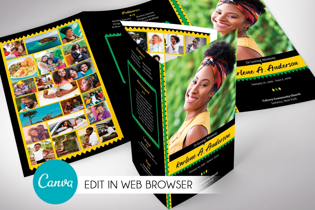 Jamaican Legal Trifold Funeral Program Template for Canva, Black Green