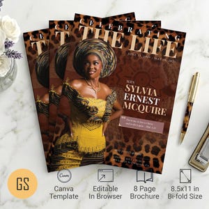 May include: A funeral program brochure template featuring a portrait of a person in a yellow dress and headwrap against a leopard print background. The text reads CELEBRATING THE LIFE, MRS SYLVIA ERNEST MCQUIRE, and includes 8.5x11 in dimensions.