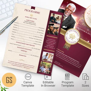 Plantilla para programa de reconocimiento de pastores para Canva, color burdeos y dorado, aniversario de la iglesia comunitaria, banquete de instalación de pastores, 2 páginas, 2 tamaños