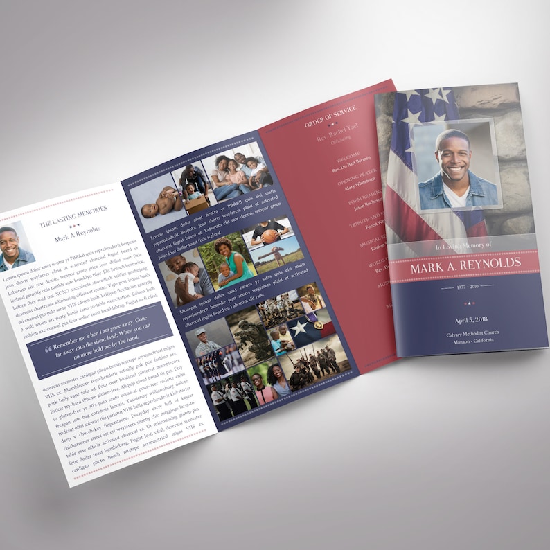 American Military Legal Trifold Funeral Program Template for Word and Publisher V1 features the symbolic and patriotic  Red, White, and Blue colors of the American Flag. The Legal Print Size of 14x8.5 inches is Trifold to 4.75x8.5 inches.