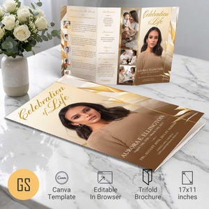 Beige & Gold Funeral Program Template for Canva: Tabloid Trifold Obituary (11x17) Digital Download