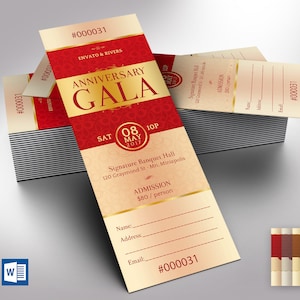 Elegant Anniversary Gala Ticket Word Publisher Template, Size: 2”×6”, is designed with red and gold, and 7 additional color backgrounds are included. Great for Church Anniversary Banquets, Pastor Anniversary Galas, and Balls.