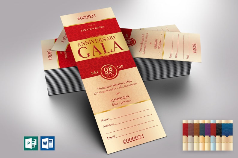 Elegant Anniversary Gala Ticket Word Publisher Template, Size: 2”×6”, is designed with red and gold, and 7 additional color backgrounds are included. Great for Church Anniversary Banquets, Pastor Anniversary Galas, and Balls.