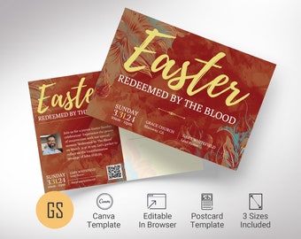 Easter Sunday Church Postcard Template, Canva Template, Red Yellow Blue | Church Invitation, Easter Service, Resurrection Sunday | 3 Sizes