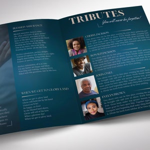 Teal Blue Tabloid Funeral Program Template, Dawn, Canva Template, Magazine Style, Celebration of Life for Men, 8 Pages, 11x17 in image 5