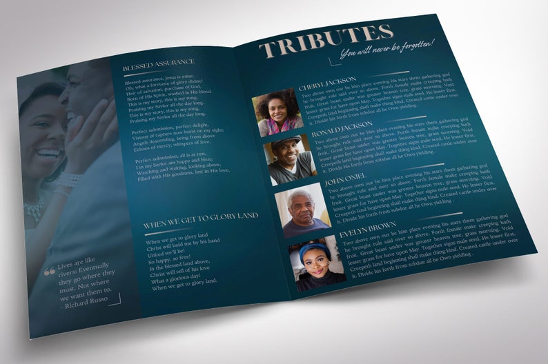 Teal Blue Tabloid Funeral Program Template, Dawn, Canva Template, Magazine Style, Celebration of Life for Men, 8 Pages, 11x17 in image 5