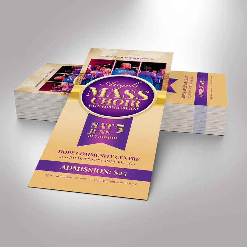 Mass Choir Concert Ticket Template for Word and Publisher Cut Size 3.25x8 inches image 3