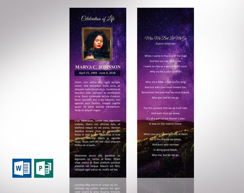 Vineyard Funeral Bookmark Word and Publisher Template is 2.5”x8”. The Vineyard image with the purple and lavender sky, and featured green foliage makes this a great gift to remember your loved one with dignity.