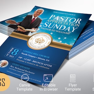Plantilla de Canva para volante de agradecimiento al pastor, azul dorado, editable e imprimible. Invitación a banquete para aniversario de la iglesia o nombramiento de pastor.