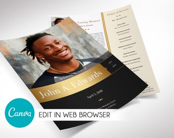May include: A black and gold funeral program with a photo of a smiling man. The program includes the text "In Loving Memory of John A. Edwards" and "April 5, 2018".