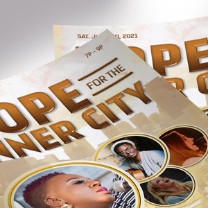 Gospel Concert Flyer Template for Word and Publisher. Measuring 5.5x8.5 inches, this versatile concert invitation features a rustic cityscape and photo placeholders for up to four guest artists, making it perfect for gospel concerts, talent shows