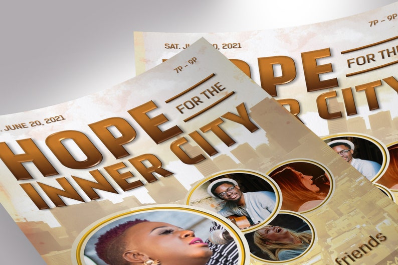 Gospel Concert Flyer Template for Word and Publisher. Measuring 5.5x8.5 inches, this versatile concert invitation features a rustic cityscape and photo placeholders for up to four guest artists, making it perfect for gospel concerts, talent shows