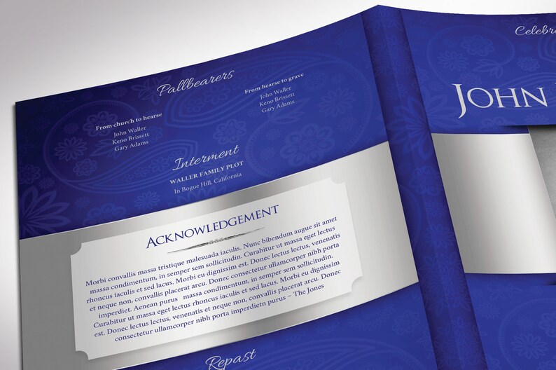 Blue Silver Tabloid Funeral Program Template Word Template, Publisher V1 Celebration of Life 8 Pages 11x17 in image 7