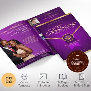 May include: A purple bi-fold booklet with gold accents, celebrating the 25th Anniversary Charity Ball. The cover features elegant script and a gold emblem. Inside, a couple is pictured. The booklet is 5.5x8.5 inches and has 24 pages.