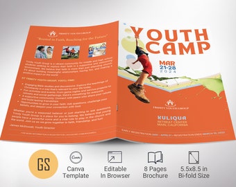 Youth Camp Bifold Brochure Template for Canva, Youth Conference Summit, Summer Camp | 8 Pages | 5.5x8.5 inches