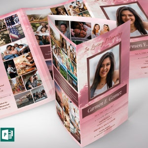 May include: A pink and white funeral program with a photo of a young woman. The program includes the text "In Loving Memory" and the name "Carmen E. Gomez".