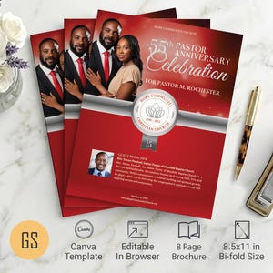 Red & Silver Pastor Anniversary Program Template for Canva: 8-Page Church Booklet (8.5x11) Digital Download