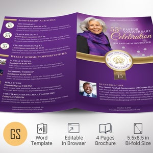 Plantilla de programa de aniversario del pastor para Canva, color morado y dorado, aniversario de la iglesia, agradecimiento al pastor, programa de banquete, 4 páginas, 5,5 x 8,5 pulgadas