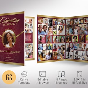 Burgundy & Gold Funeral Programm Vorlage: 8-Seiten Feier des Lebens (Canva, 11 x 17 in )