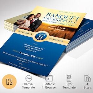Blue & Gold Church Anniversary Flyer: Pastor Appreciation Banquet (Canva Template Digital Download)