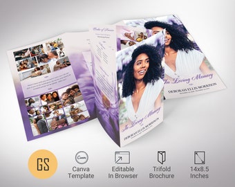 Lavender Love Legal Trifold Funeral Program Template, Canva Template, Celebration of Life, Obituary Program for Women, 8 Pages | 14x8.5 inch