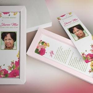 Pink Watercolor Funeral Bookmark Template for Word and Publisher is Size 2.5x7.75 inches. The funeral favor features fuchsia, green, and pink watercolor flowers combined with decorative text. Geared for memorial or funeral services.