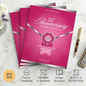 Pink & Silver Anniversary Gala Program Template | Canva: 8-Page Bifold Booklet (8.5x11) Digital Download