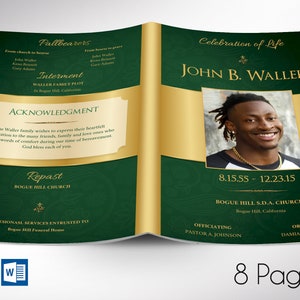 Green Gold Regal Funeral Program Template Set, Word and Publisher, Obituary Template for Men, 8 Pages, Editable Printable, Bifold 5.5x8.5 in