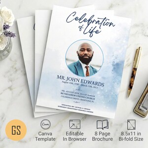 Blue Paint Funeral Program Template for Canva: 8 Page Bifold Memorial Obituary (8.5x11) Digital Download