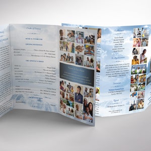 This gorgeous Blue Forever Legal Trifold Funeral Program Template for Canva is 14x8.5 inches and is the perfect way to honor and remember your loved one as you create a lasting legacy of their life. This timeless celebration of life design features