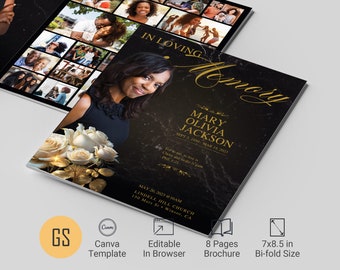 May include: Black and gold 8-page funeral program brochure with a photo of a woman and a bouquet of white roses. The text reads "In Loving Memory Mary Olivia Jackson Sept 8, 1950 - Mar 14, 2023".