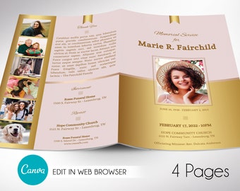 Golden Funeral Program Template, Canva Template | Celebration of Life, Obituary Program, 4 Pages | 5.5x8.5 inches