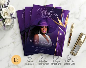 Purple Paradise Funeral Program Template: 8 Page Tabloid Bifold Memorial Obituary Canva (8.5x11) Digital Download