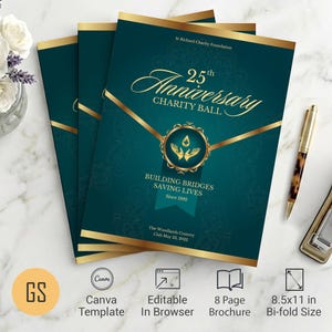 Teal & Gold Anniversary Gala Program Template: 8-Page Bifold Booklet (8.5x11) Digital Download