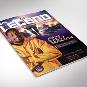 May include: A magazine cover with the title "TOTAL LEGEND" and a photo of a man in a yellow hoodie. The cover also features the name "JOHN BAILEY JACKSON" and event details. The background has a purple and orange gradient.