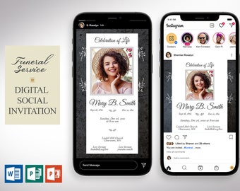 Graystone Funeral Digital Invitation Word Publisher Template | 2 Sizes | 1080x1080 Pixels (square) and 1080x1920 Pixels (rectangle)