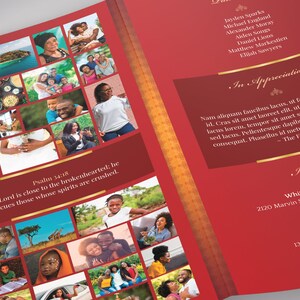 Loving Legal Trifold Funeral Program Template for Canva features gold decals and text style laid over a decorative red and golden background. The legal Print Size of 14x8.5 inches is Trifold to 4.75x8.5 inches. The celebration of life trifold program