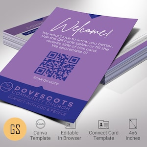 Modelo de cartão de conexão de igreja moderna, Canva, roxo azul, código QR, cartão de boas-vindas da igreja, novo convidado aqui, download para impressão editável, 4 x 6 pol.