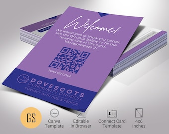 Modern Church Connect Card Template, Canva Template - Purple Blue | Church Welcome Card, New Here Guest | 4x6 in