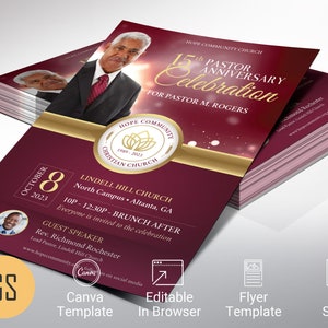 Pastor Anniversary Flyer Template: Burgundy & Gold Church Invitation (Canva, 4 Sizes)