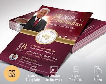 Pastor Anniversary Flyer Template, Canva Template, Burgundy Gold, Pastor Appreciation Flyer, Banquet Invitation, 4 Sizes