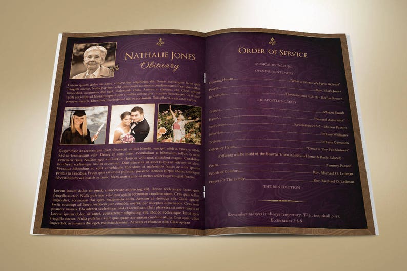 Royal Funeral Program Template, Purple Gold Word Template, Publisher Celebration of Life 8 Pages 5.5x8.5 inches image 2