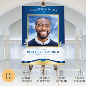 May include: A blue and gold printable memorial poster template with a photo of a man and the text "IN LOVING MEMORY of RONALD E. MONROE AUGUST 15TH, 1965 - MARCH 13TH, 2022"