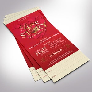 Valentines Day Love Story Ticket Template for Word and Publisher is Size 3x7 inches. It is created with red hearts, red background, and a golden title. Great for any Valentine's Day performance art event like plays, operas, musicals, short movies