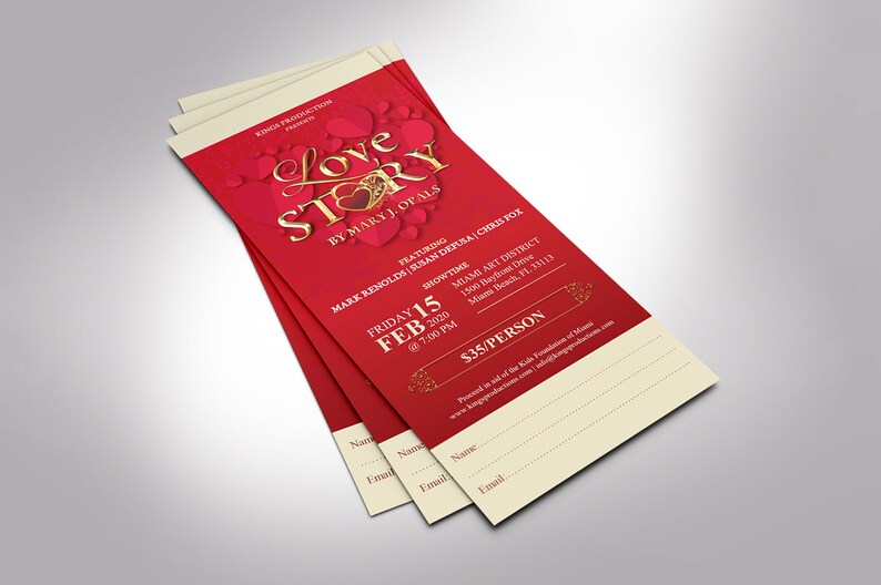 Valentines Day Love Story Ticket Template for Word and Publisher is Size 3x7 inches. It is created with red hearts, red background, and a golden title. Great for any Valentine's Day performance art event like plays, operas, musicals, short movies