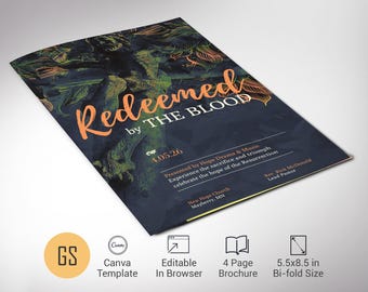 Plantilla para el programa de la iglesia del Domingo de Pascua: Lienzo plegable de 4 páginas en naranja y gris (5.5 x 8.5 pulgadas) Digital