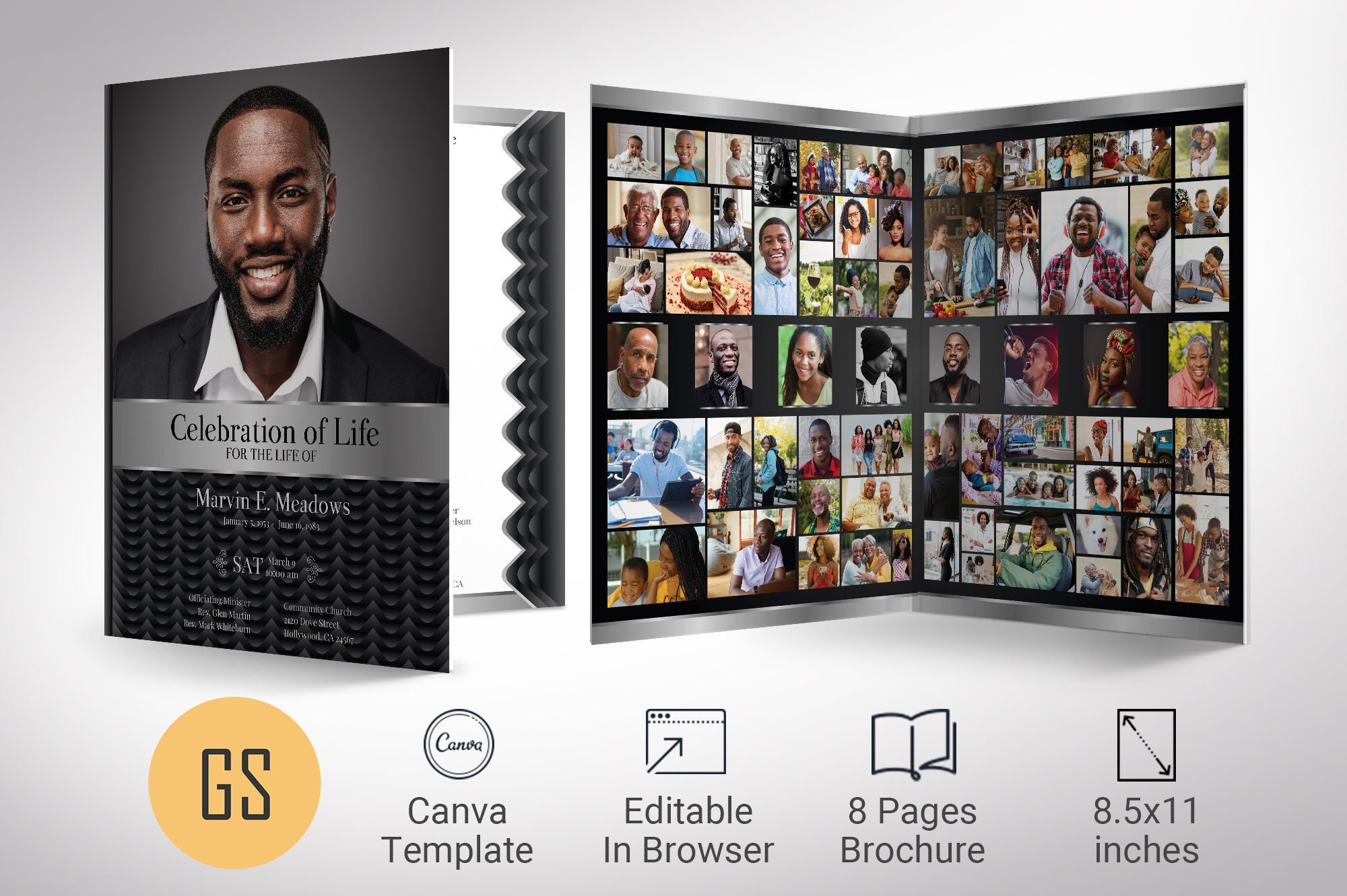 Black Waves Funeral Program Template: Celebration of Life (Canva, 8 Pages)