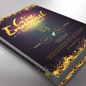 Emmanuel Christmas Flyer Word Publisher Template, Size 5 x 8 inches,  is for events during the Christmas season. Great for Christmas Cantatas, Plays, Pageants, Banquets, Dinner Dance, etc. It has a deep night blue background and golden stars.