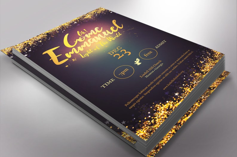 Emmanuel Christmas Flyer Word Publisher Template, Size 5 x 8 inches,  is for events during the Christmas season. Great for Christmas Cantatas, Plays, Pageants, Banquets, Dinner Dance, etc. It has a deep night blue background and golden stars.