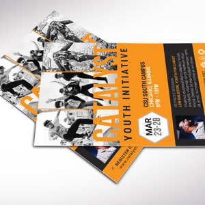 Catalyst Youth Flyer Template for Canva has 2 Print Sizes (4x6 and 5.5x8.5 inches). The youth summit flyer is designed with bold orange colors and geometric shapes. Great for any kind of youth summit, convention, camp